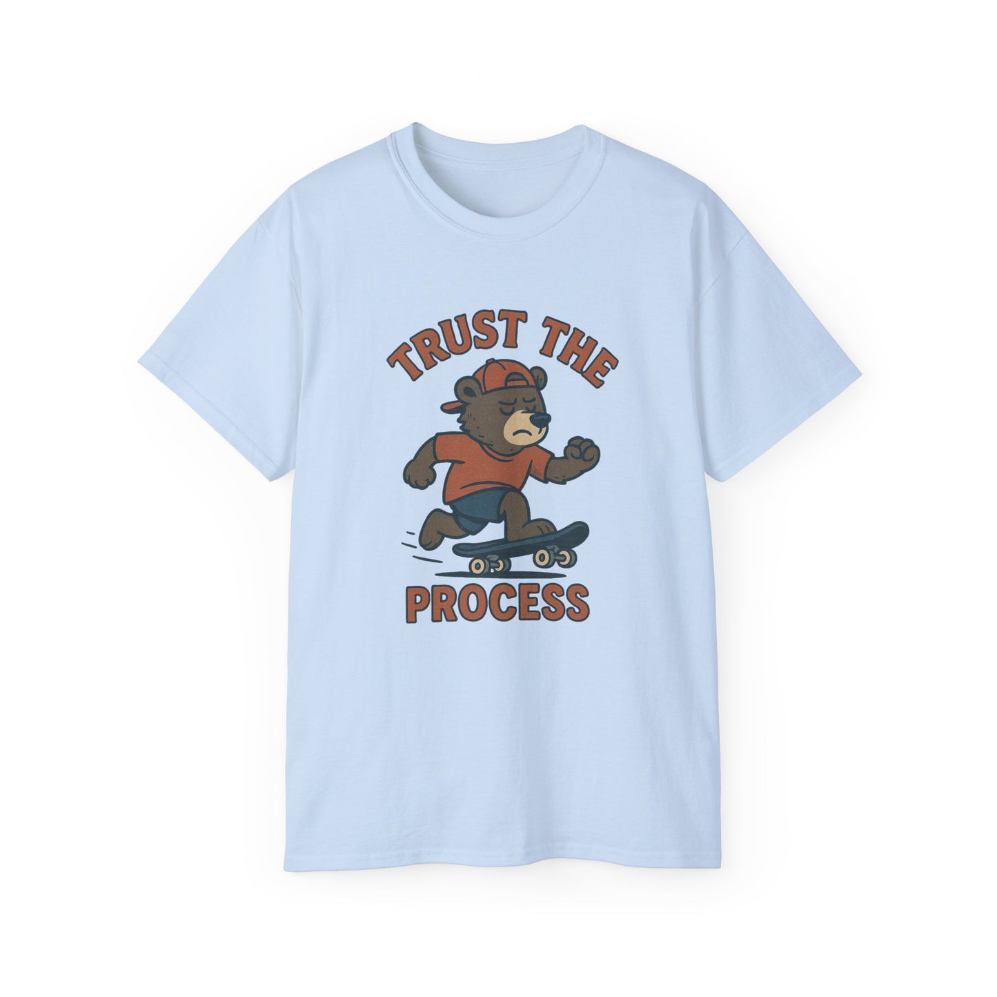 Skateboarding Bear T-Shirt - Trust the Process, Unisex Tee, Gift for Skaters, Motivational Shirt, Casual Wear, Trendy Graphic Tee