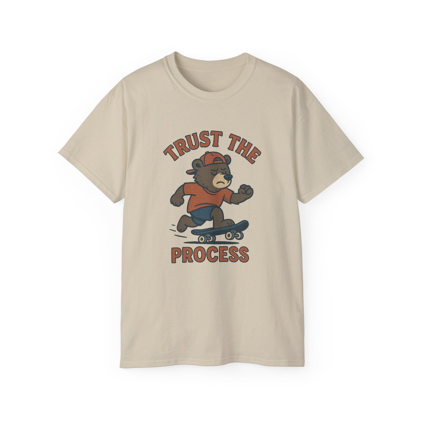 Skateboarding Bear T-Shirt - Trust the Process, Unisex Tee, Gift for Skaters, Motivational Shirt, Casual Wear, Trendy Graphic Tee