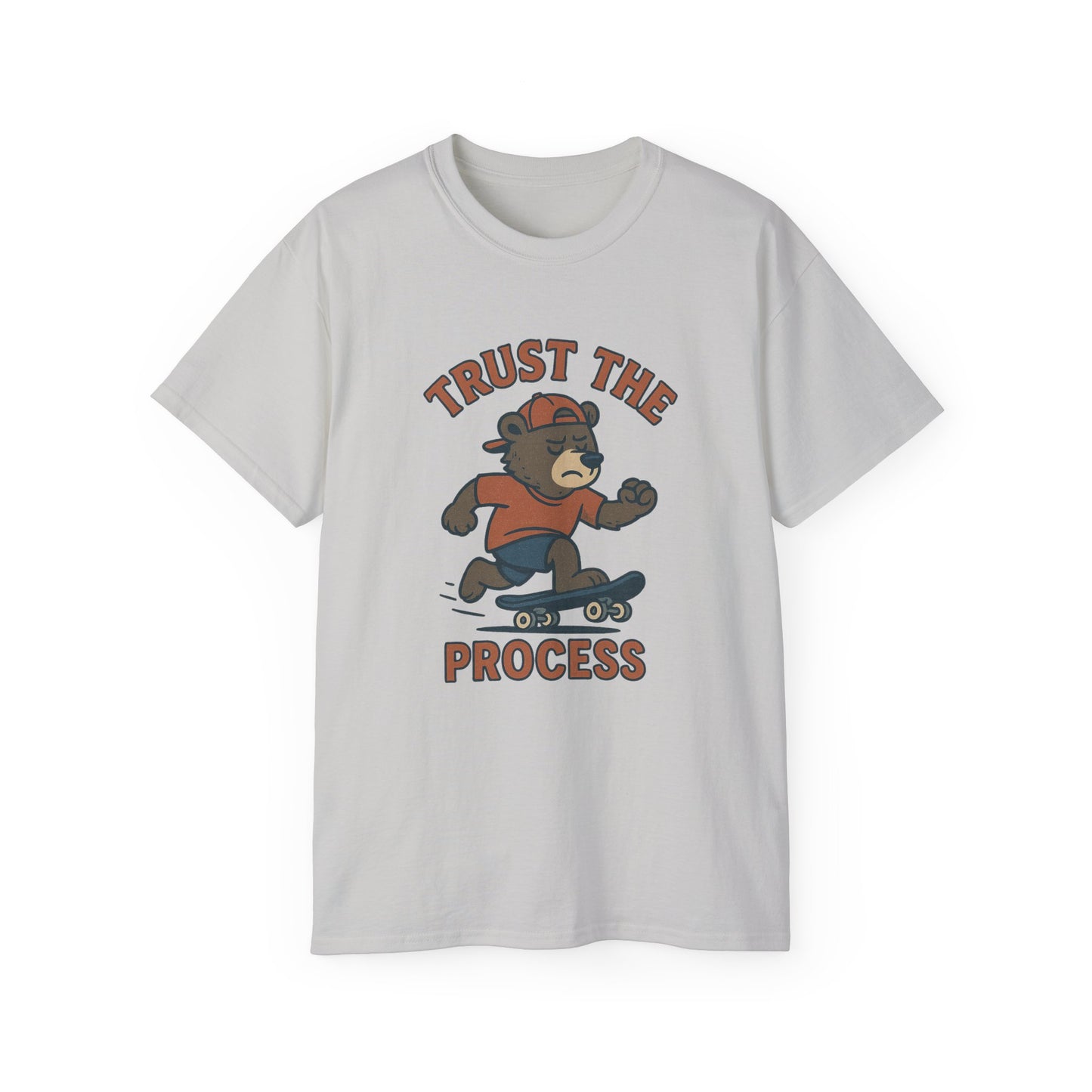 Skateboarding Bear T-Shirt - Trust the Process, Unisex Tee, Gift for Skaters, Motivational Shirt, Casual Wear, Trendy Graphic Tee