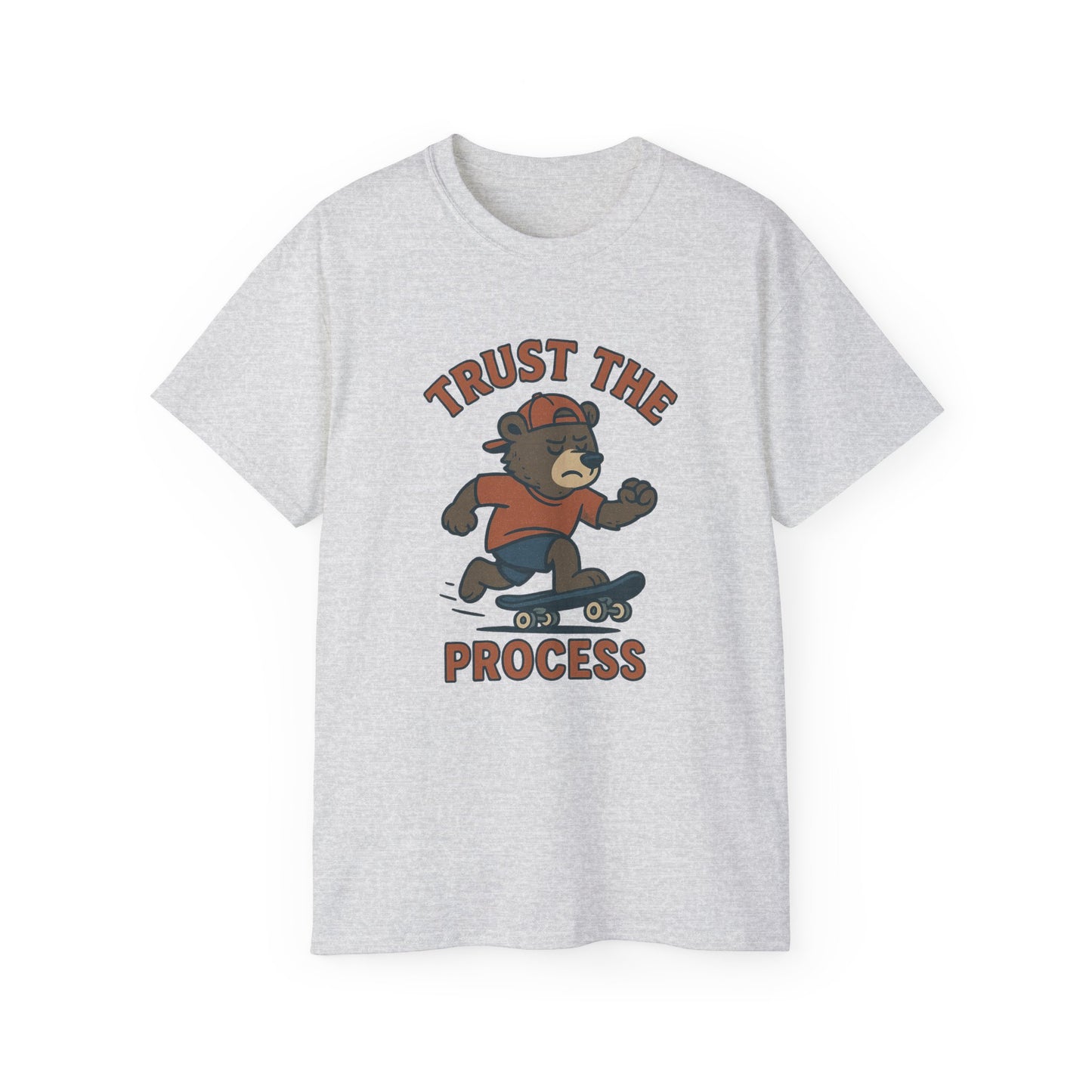 Skateboarding Bear T-Shirt - Trust the Process, Unisex Tee, Gift for Skaters, Motivational Shirt, Casual Wear, Trendy Graphic Tee