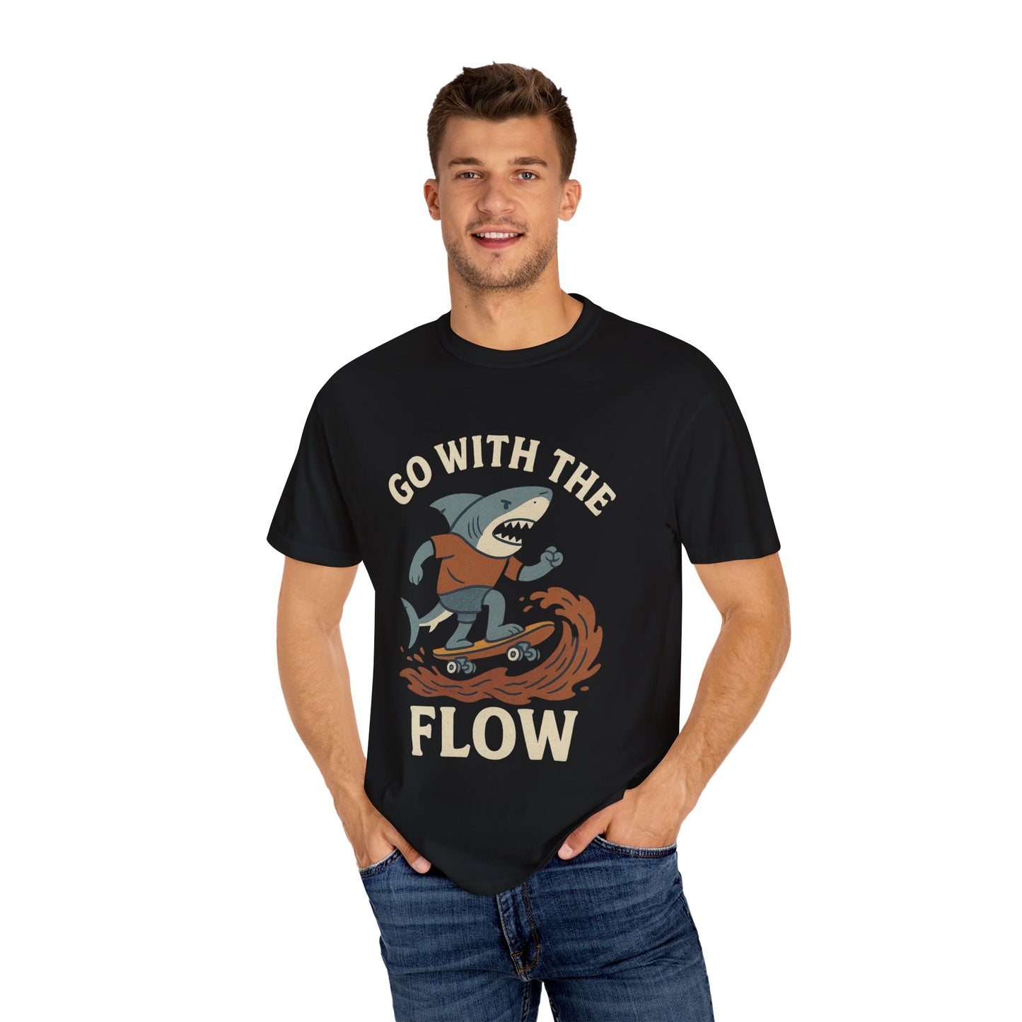 Surfing Shark T-shirt, Go With The Flow Tee, Gift for Surfers, Beachwear, Unisex Casual Shirt