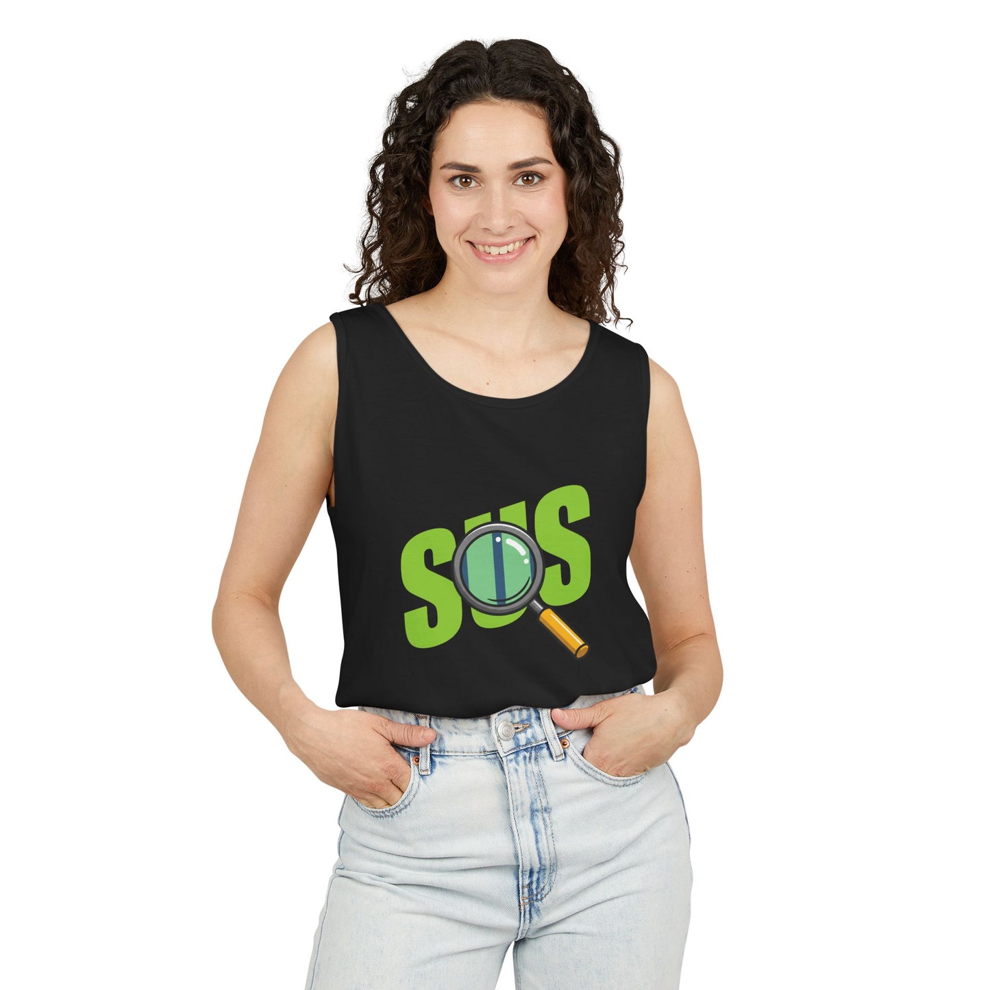 Funny Unisex Tank Top - 'SUS' Graphic Tee for Summer, Casual Wear, Sunglasses, Gift for Friends, Beach Vibes, Streetwear