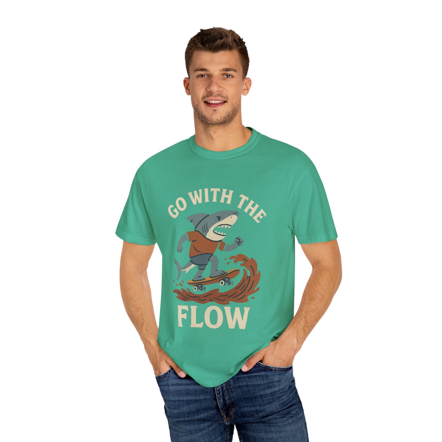 Surfing Shark T-shirt, Go With The Flow Tee, Gift for Surfers, Beachwear, Unisex Casual Shirt