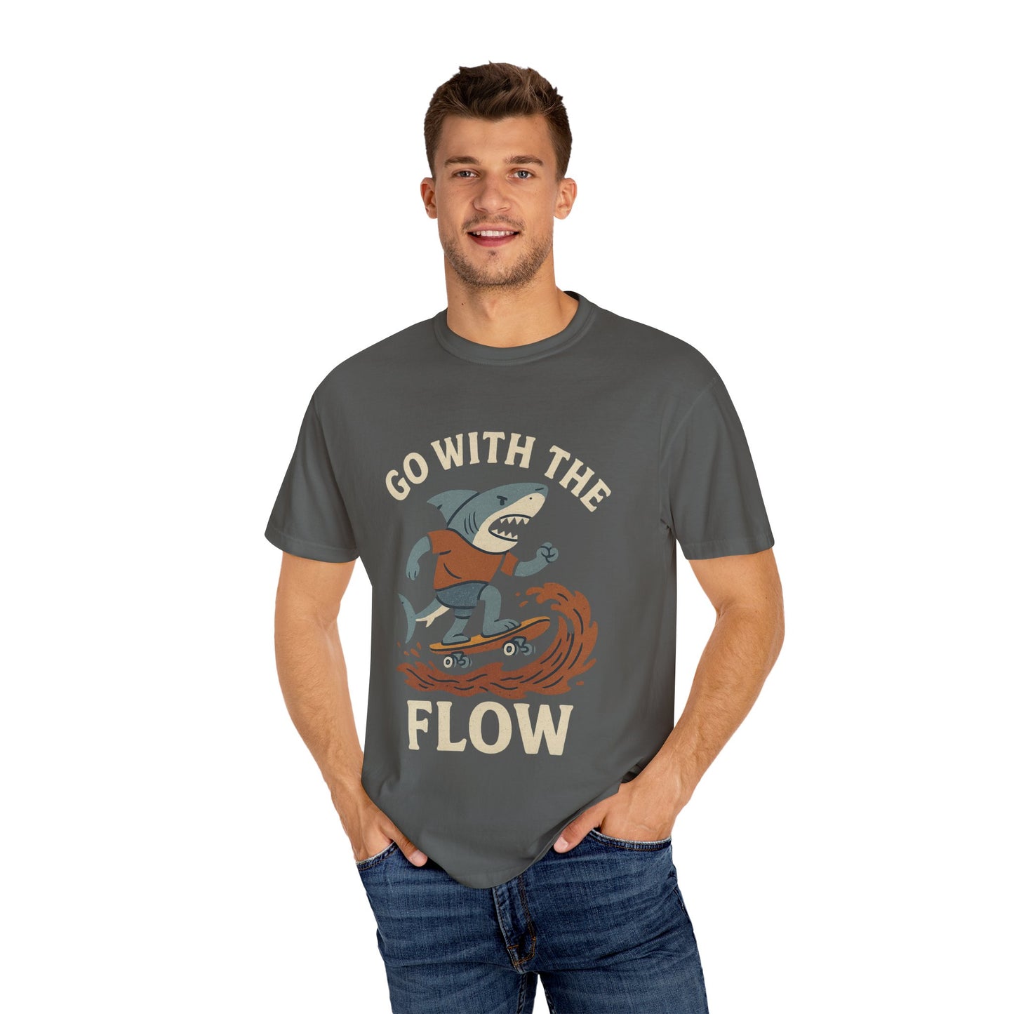 Surfing Shark T-shirt, Go With The Flow Tee, Gift for Surfers, Beachwear, Unisex Casual Shirt