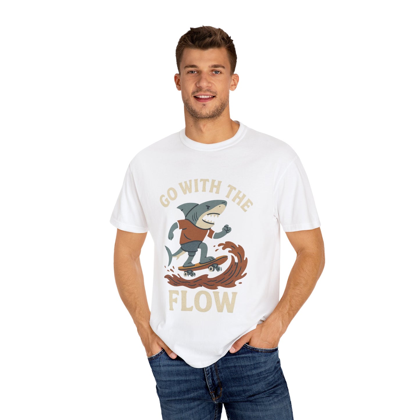 Surfing Shark T-shirt, Go With The Flow Tee, Gift for Surfers, Beachwear, Unisex Casual Shirt