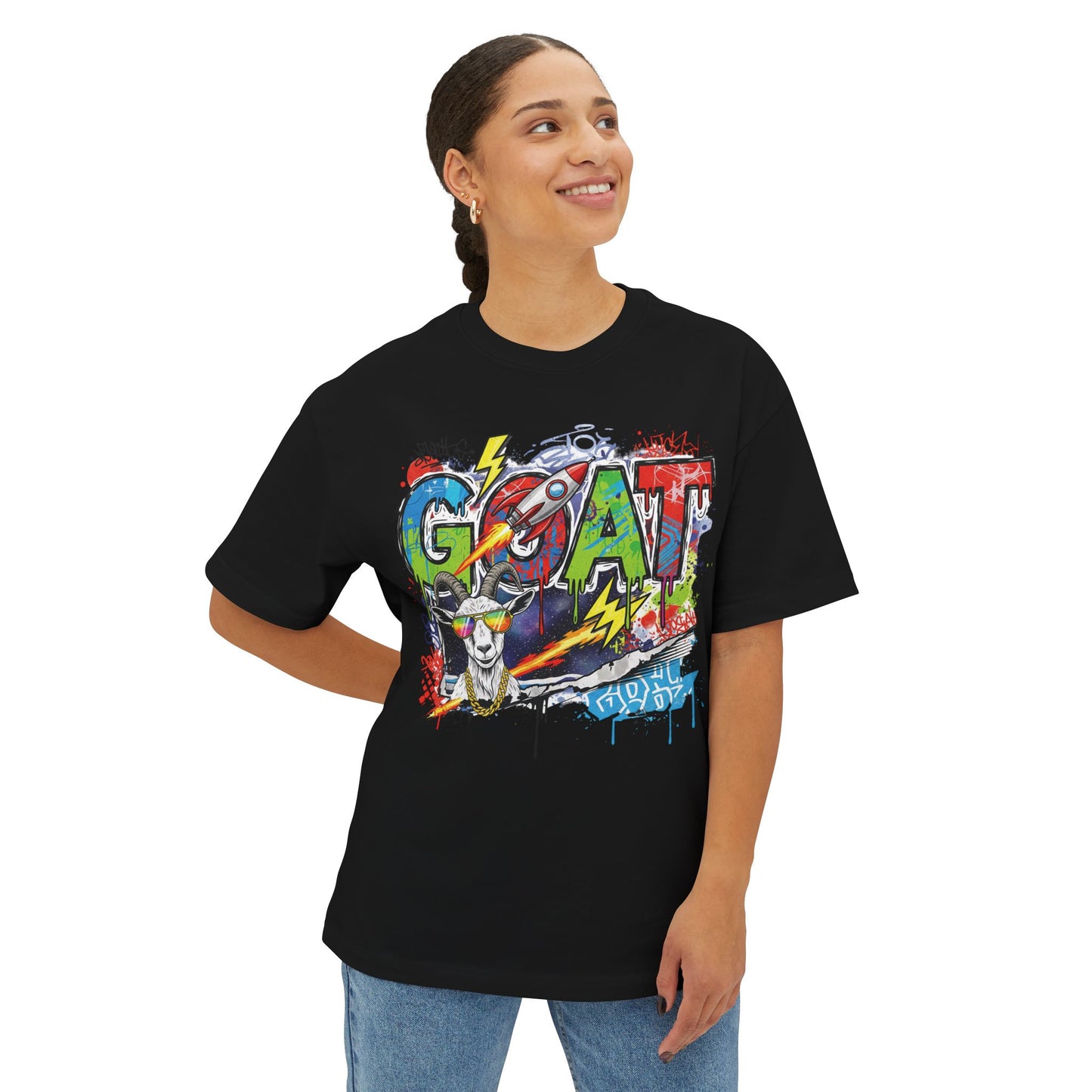 Graffiti Style Unisex Boxy Tee - GOAT Graphic, Streetwear, Casual Outfit, Gift for Her, Hip Hop Passion