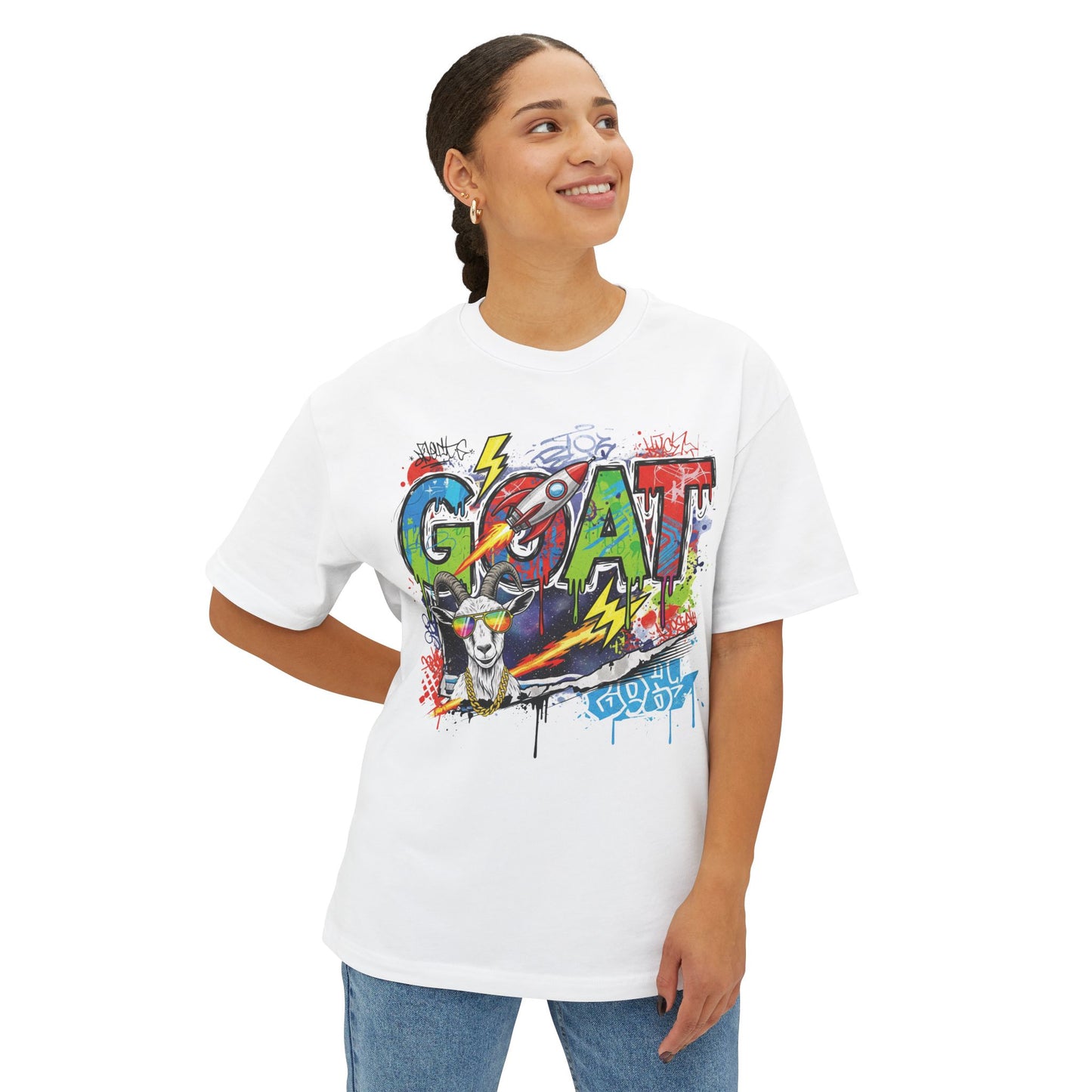 Graffiti Style Unisex Boxy Tee - GOAT Graphic, Streetwear, Casual Outfit, Gift for Her, Hip Hop Passion