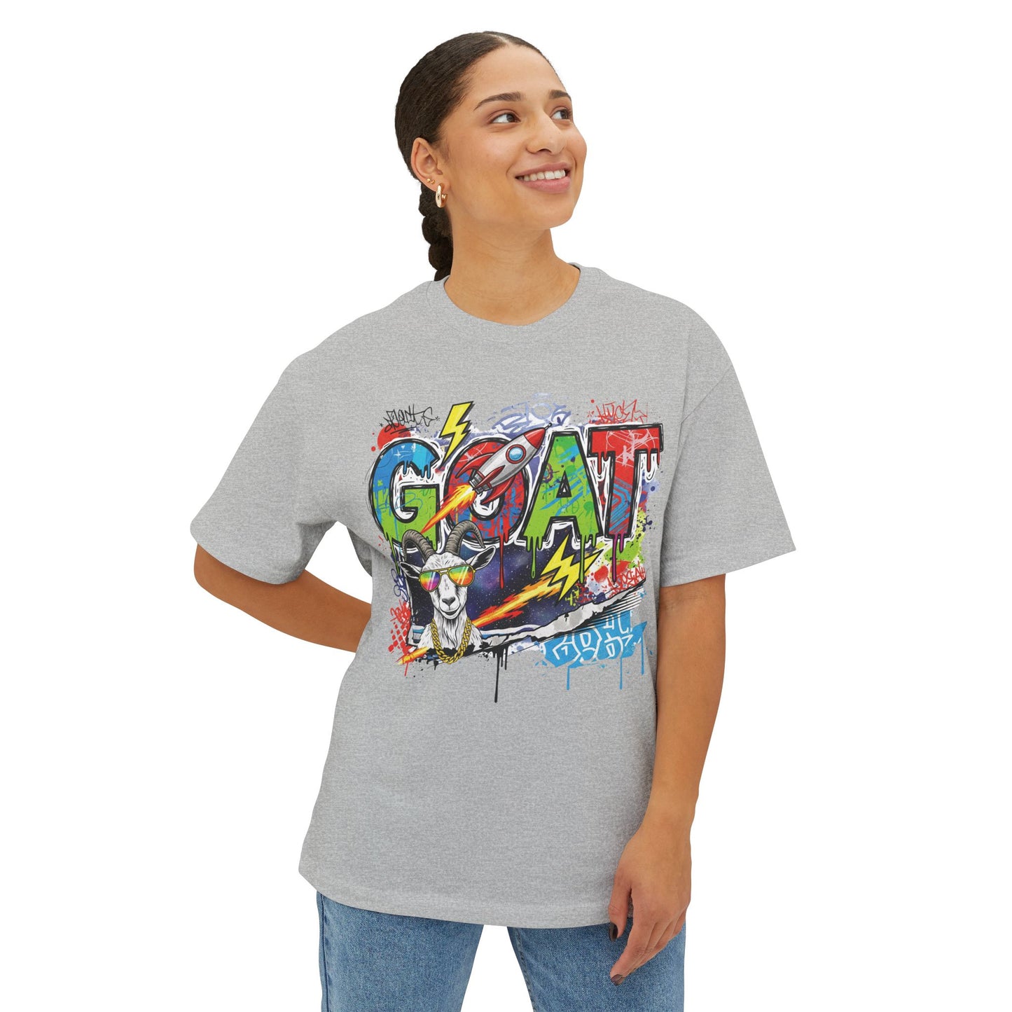 Graffiti Style Unisex Boxy Tee - GOAT Graphic, Streetwear, Casual Outfit, Gift for Her, Hip Hop Passion