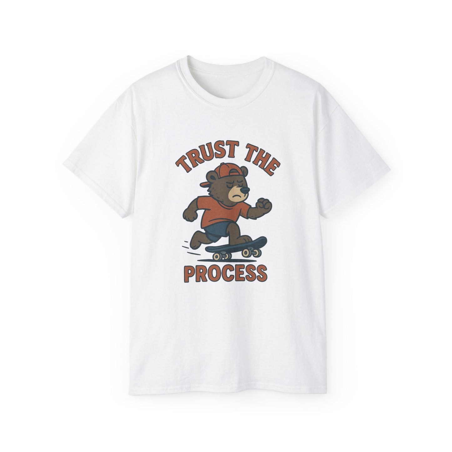Skateboarding Bear T-Shirt - Trust the Process, Unisex Tee, Gift for Skaters, Motivational Shirt, Casual Wear, Trendy Graphic Tee