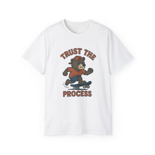 Skateboarding Bear T-Shirt - Trust the Process, Unisex Tee, Gift for Skaters, Motivational Shirt, Casual Wear, Trendy Graphic Tee