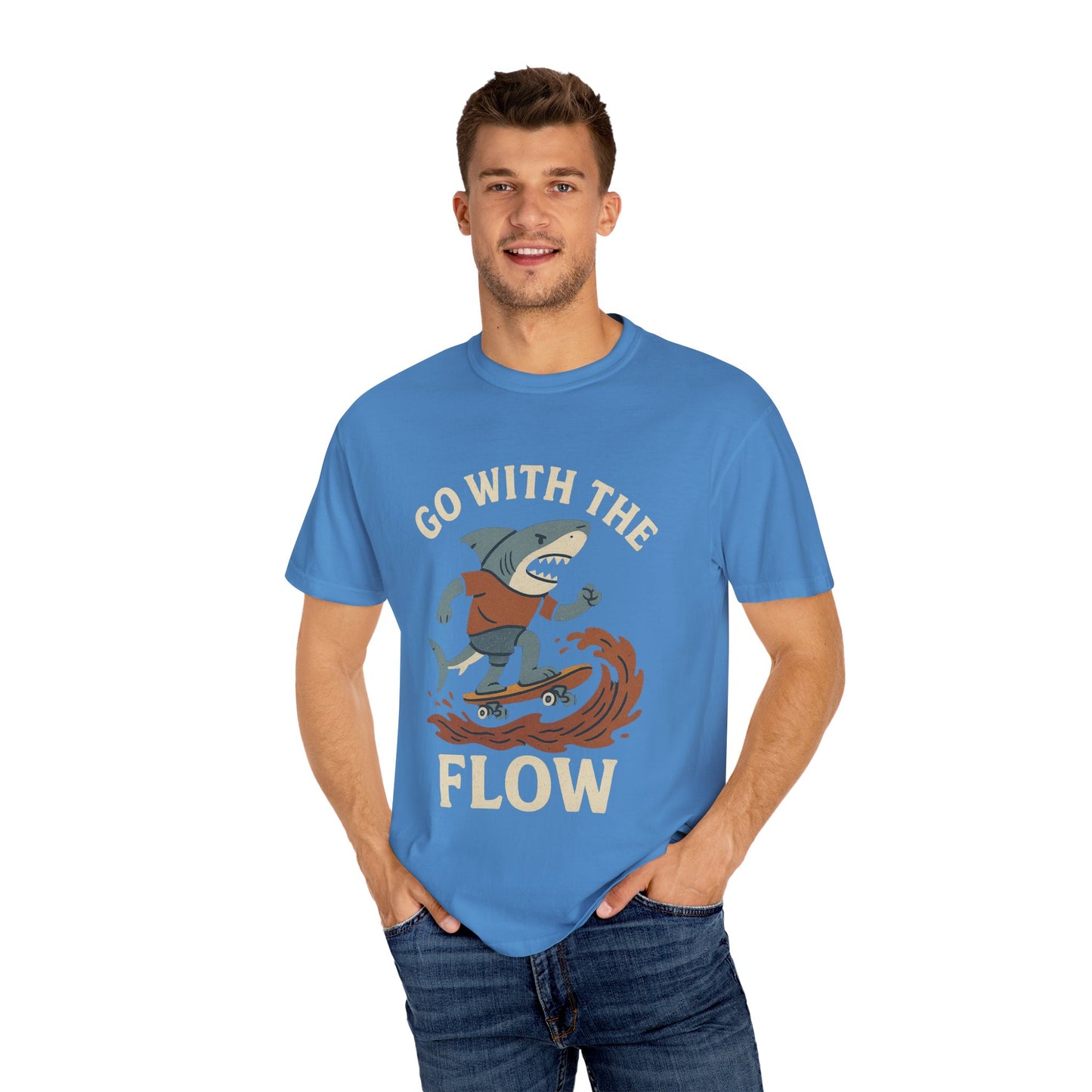 Surfing Shark T-shirt, Go With The Flow Tee, Gift for Surfers, Beachwear, Unisex Casual Shirt