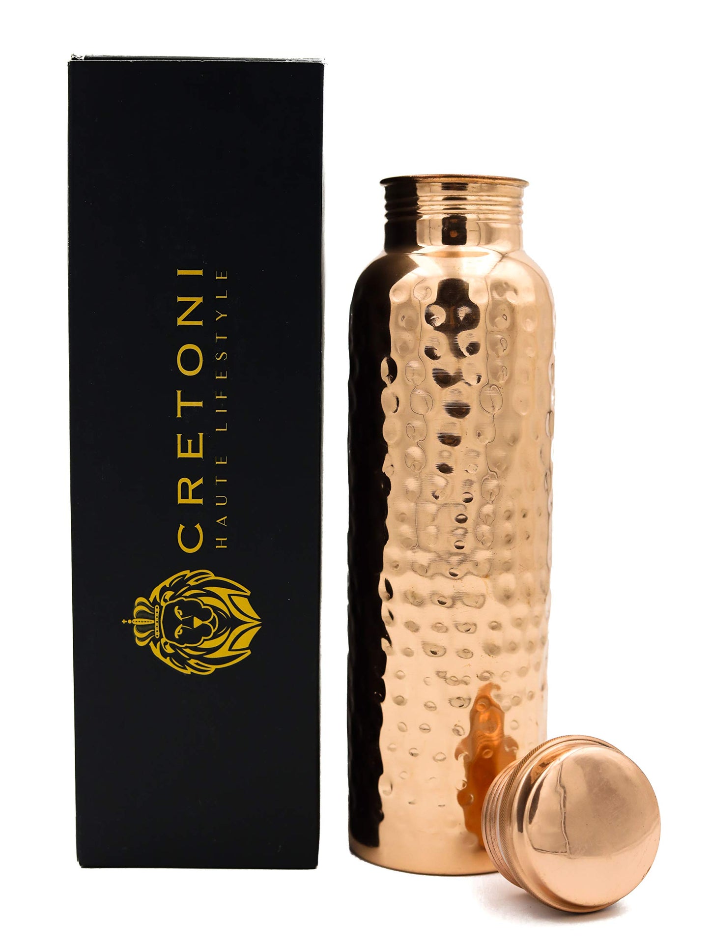 CRETONI Copperlin Pure Copper Water Bottle - Glossy Hammered Seemless Leak Proof Design : Perfect Ayurvedic Copper Vessel for Sports, Fitness, Yoga, Natural Health Benefits (900 Milliliter/30 Oz)