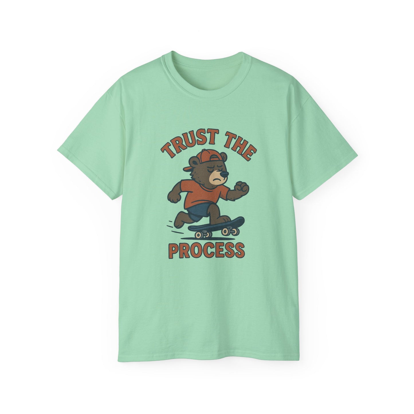 Skateboarding Bear T-Shirt - Trust the Process, Unisex Tee, Gift for Skaters, Motivational Shirt, Casual Wear, Trendy Graphic Tee
