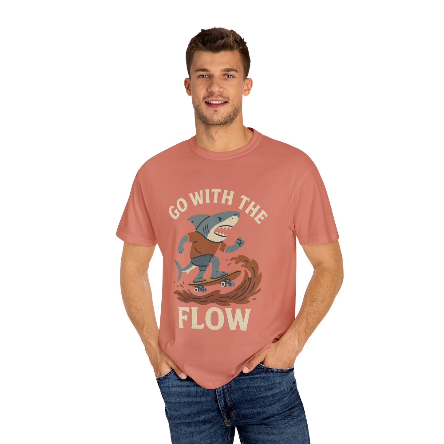 Surfing Shark T-shirt, Go With The Flow Tee, Gift for Surfers, Beachwear, Unisex Casual Shirt